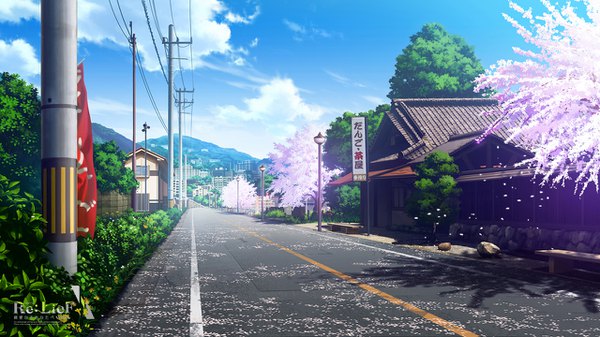 Anime picture 1280x720 with re:lief original ebisutaro wide image sky cloud (clouds) outdoors inscription copyright name cherry blossoms mountain no people street plant (plants) petals tree (trees) building (buildings) stone (stones) bench house