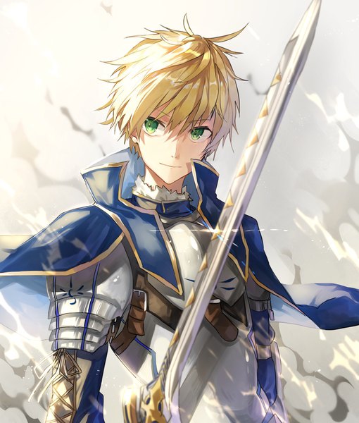 Anime picture 1700x2000 with fate (series) fate/grand order fate/prototype arthur pendragon (fate) tsugutoku single tall image fringe short hair smile hair between eyes holding green eyes looking away sparkle dust boy weapon sword armor