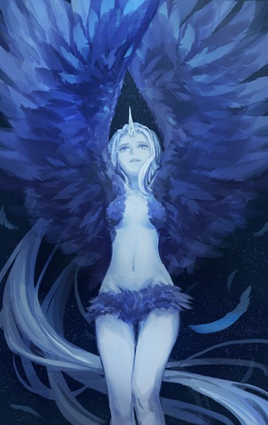 Anime picture 736x1169 with original pixiv fantasia pixiv fantasia fallen kings yin (artist) single tall image breasts light erotic blonde hair smile bent knee (knees) very long hair horn (horns) lips groin looking up girl navel wings feather (feathers)