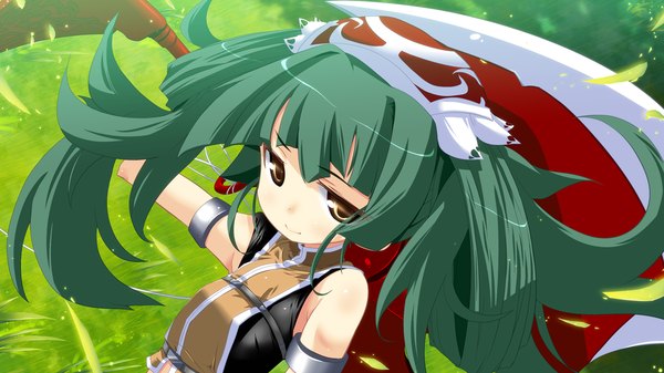 Anime picture 1280x720 with sangoku hime unicorn-a long hair wide image bare shoulders yellow eyes game cg green hair girl leaf (leaves)
