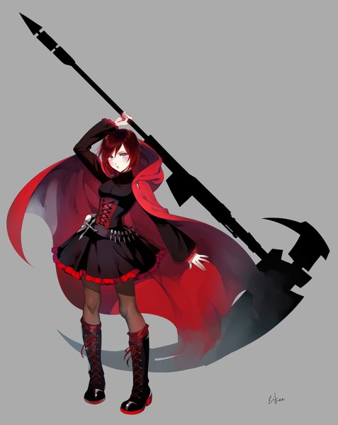 Anime picture 1273x1600 with rwby rooster teeth ruby rose ein lee (einlee) single tall image looking at viewer blush short hair open mouth red hair arms up :o silver eyes girl skirt weapon pantyhose boots hood