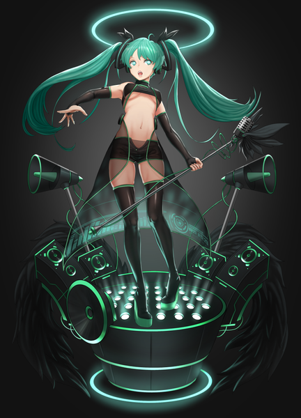 Anime picture 872x1210 with vocaloid hatsune miku banajune single long hair tall image looking at viewer fringe breasts open mouth light erotic simple background twintails holding ahoge aqua eyes aqua hair teeth midriff erect nipples