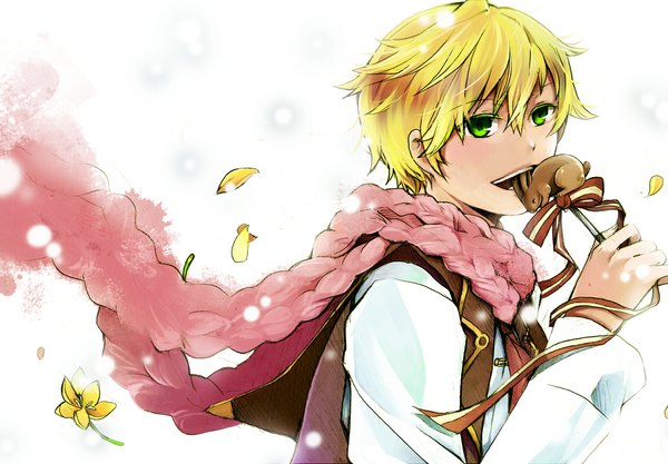 Anime picture 1194x830 with pandora hearts xebec oz vessalius single short hair simple background blonde hair white background green eyes eating boy flower (flowers) ribbon (ribbons) petals scarf