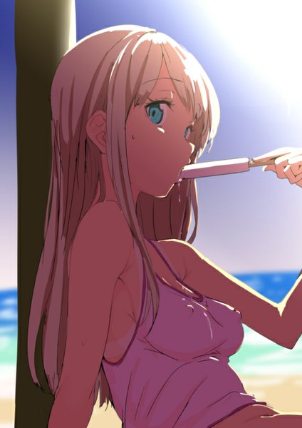 Anime picture 579x819 with tokyo 7th sisters alessandra susu clearite single long hair tall image fringe blue eyes light erotic sitting bare shoulders white hair sunlight bare belly erect nipples beach covered nipples saliva tan tan lines