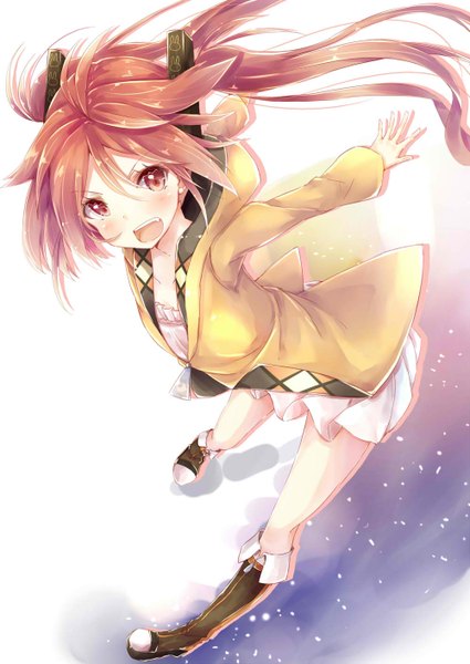 Anime picture 1000x1412 with black bullet kinema citrus aihara enju hiiragi yashiro single long hair tall image blush open mouth standing twintails orange hair teeth orange eyes fang (fangs) happy spread arms hands behind back girl dress