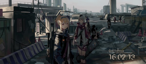 Anime picture 1827x800 with girls frontline sv-98 (girls frontline) svd (girls frontline) huanxiang heitu long hair looking at viewer fringe highres short hair black hair blonde hair smile hair between eyes wide image standing multiple girls signed sky outdoors ponytail