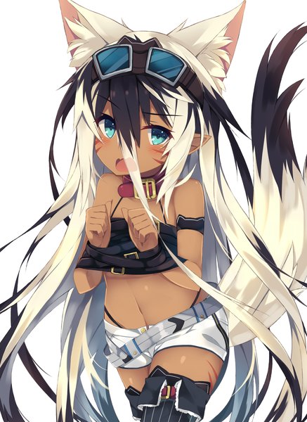 Anime picture 1000x1372 with original nibiiro shizuka single tall image looking at viewer blush fringe open mouth blue eyes light erotic black hair hair between eyes bare shoulders animal ears payot white hair tail very long hair animal tail multicolored hair