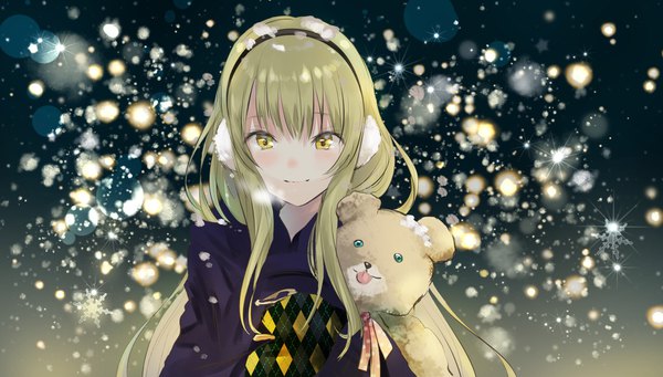 Anime picture 1840x1048 with original kayanogura single long hair looking at viewer blush fringe highres blonde hair smile wide image yellow eyes upper body snowing winter exhalation girl toy stuffed animal stuffed toy
