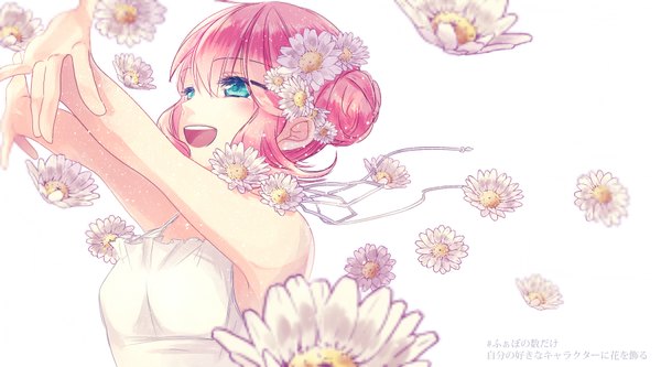 Anime picture 1800x1000 with gintama sunrise (studio) kagura (gintama) ro96cu single fringe highres open mouth blue eyes simple background wide image white background looking away pink eyes hair flower hair bun (hair buns) sleeveless outstretched arm looking up girl