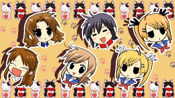 Anime picture 1280x720 with nyan koi mizuno kaede kirishima akari kirishima kotone nyamsas long hair blush short hair open mouth black hair blonde hair smile brown hair wide image black eyes chibi solid eyes animal cat