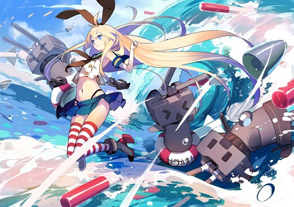 Anime picture 1053x744 with kantai collection shimakaze destroyer rensouhou-chan lia-sama blue eyes blonde hair looking away very long hair bare belly zettai ryouiki > < girl thighhighs skirt gloves navel hair ornament underwear panties ribbon (ribbons)