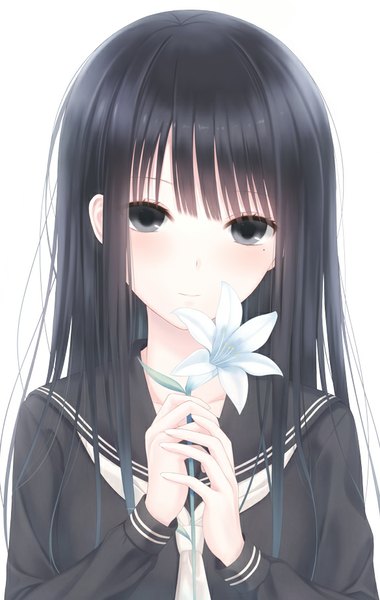 Anime picture 585x923 with megimegyo single long hair tall image looking at viewer black hair simple background white background black eyes girl uniform flower (flowers) serafuku