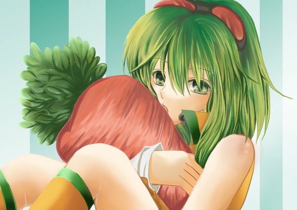 Anime picture 3541x2508 with vocaloid gumi tagme (artist) single highres short hair green eyes absurdres green hair hug girl goggles vegetables carrot