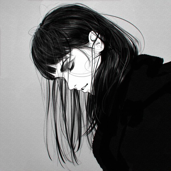 Anime picture 1080x1080 with original ilya kuvshinov single long hair fringe simple background eyes closed parted lips head tilt profile realistic grey background monochrome eyeshadow messy hair girl coat