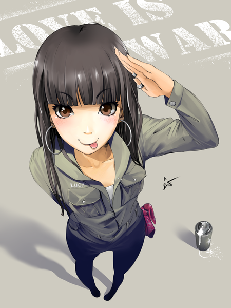 Anime picture 900x1200 with j-warf (artist) single long hair tall image blush black hair smile brown eyes salute girl earrings jacket tongue ring