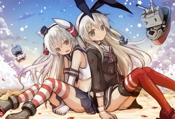Anime picture 1100x750 with kantai collection shimakaze destroyer rensouhou-chan amatsukaze destroyer rensouhou-kun yano mitsuki long hair looking at viewer blush open mouth light erotic blonde hair smile sitting multiple girls silver hair pleated skirt one eye closed wink grey eyes