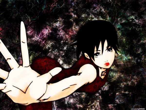 Anime picture 1600x1200 with blood+ production i.g otonashi saya single short hair black hair lips black eyes outstretched arm girl dress