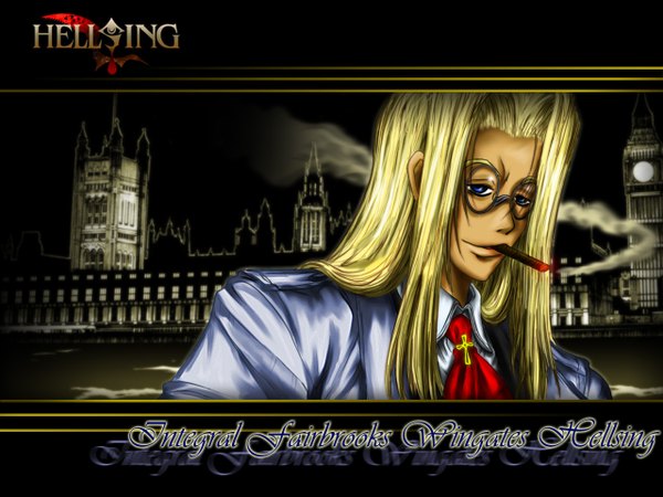 Anime picture 1280x960 with hellsing integra wingates hellsing hirano kouta chronotata single long hair looking at viewer blue eyes blonde hair upper body copyright name smoke smoking real world location colored girl glasses building (buildings) elizabeth tower london