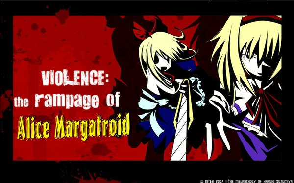 Anime picture 1056x660 with touhou alice margatroid shanghai ddd (artist) short hair blonde hair wide image parody yandere girl ribbon (ribbons) doll (dolls) boxcutter