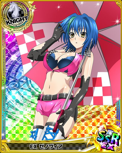 Anime picture 640x800 with highschool dxd xenovia quarta single tall image blush short hair breasts open mouth light erotic yellow eyes blue hair multicolored hair two-tone hair midriff streaked hair torn clothes card (medium) girl gloves navel
