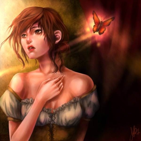 Anime picture 1300x1300 with original sushi-master901 single short hair brown hair bare shoulders brown eyes signed lipstick looking up sad girl insect butterfly