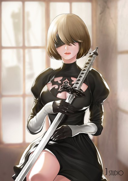 Anime picture 1654x2339 with nier nier:automata yorha no. 2 type b joe (pixiv 5075180) single tall image short hair breasts brown hair large breasts sitting holding signed parted lips lips blurry puffy sleeves watermark cleavage cutout center opening