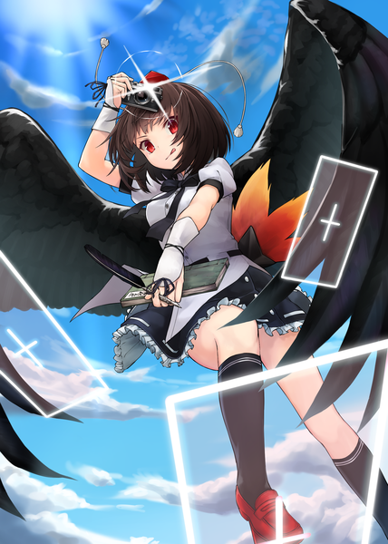 Anime picture 1750x2450 with touhou shameimaru aya spitfire99 single tall image highres short hair black hair red eyes sky sunlight frilly skirt girl shirt frills feather (feathers) knee socks fan camera tokin hat