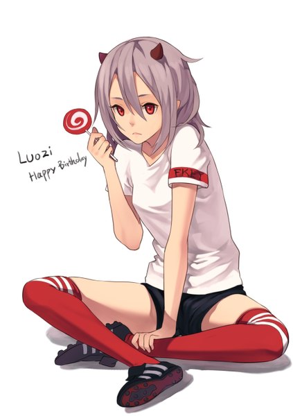 Anime picture 1000x1418 with original aisha (fkey) fkey single tall image short hair simple background red eyes white background sitting full body horn (horns) grey hair happy birthday indian style girl thighhighs uniform shorts gym uniform