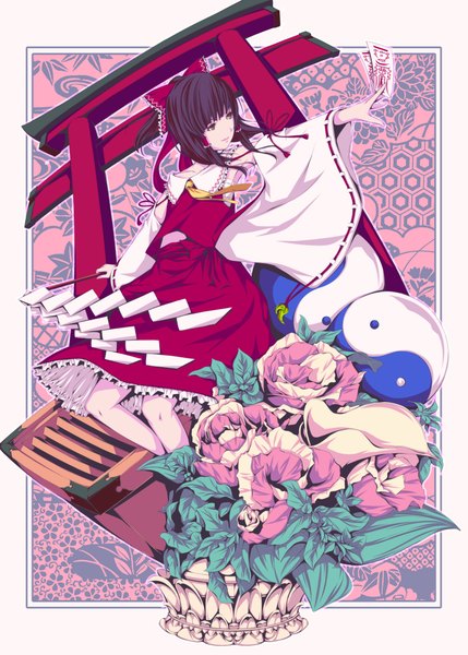 Anime picture 1555x2174 with touhou hakurei reimu ayasaka single long hair tall image black hair green eyes traditional clothes japanese clothes light smile yin yang girl skirt flower (flowers) bow hair bow detached sleeves necktie skirt set