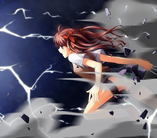 Anime picture 1247x1096 with to aru kagaku no railgun to aru majutsu no index j.c. staff shirai kuroko nekoro long hair open mouth light erotic red eyes brown hair pantyshot magic running electricity girl underwear panties weapon serafuku knife