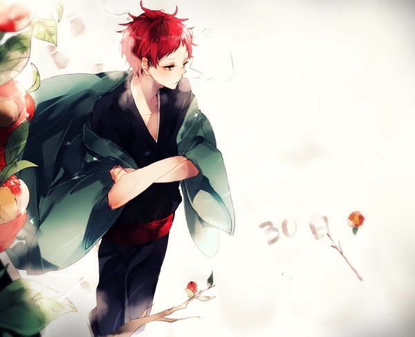 Anime picture 1200x975 with kuroko no basket production i.g akashi seijuurou supaner single blush short hair simple background red eyes white background looking away red hair traditional clothes japanese clothes crossed arms boy flower (flowers) branch yukata