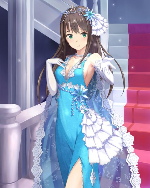 Anime picture 717x900 with idolmaster idolmaster cinderella girls shibuya rin tamakaga single long hair tall image fringe smile brown hair bare shoulders green eyes hair flower outstretched arm hand on chest girl dress gloves hair ornament flower (flowers)