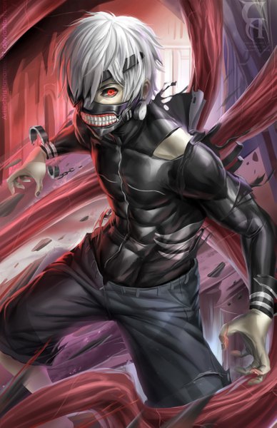 Anime picture 3300x5100 with tokyo ghoul studio pierrot kaneki ken christianamiel21 single tall image looking at viewer fringe highres short hair hair between eyes red eyes standing signed absurdres silver hair bent knee (knees) nail polish one eye closed fingernails