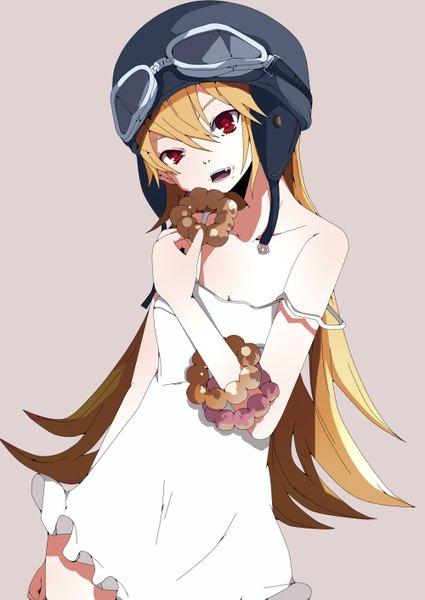 Anime picture 1000x1412 with bakemonogatari shaft (studio) monogatari (series) oshino shinobu pun2 single long hair tall image fringe open mouth blonde hair simple background hair between eyes red eyes bare shoulders looking away grey background strap slip goggles on head girl