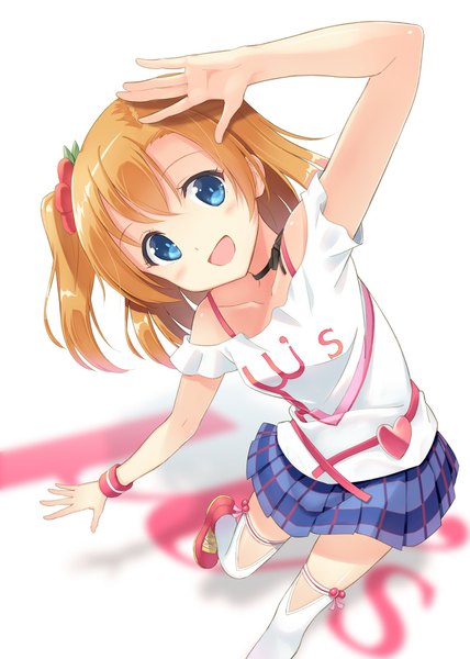 Anime picture 800x1122 with love live! school idol project sunrise (studio) love live! kousaka honoka hyuuga azuri single long hair tall image looking at viewer blush open mouth blue eyes orange hair one side up girl thighhighs skirt hair ornament miniskirt white thighhighs