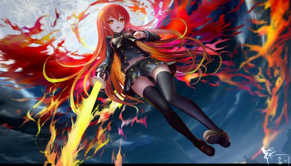 Anime picture 1300x745 with shakugan no shana j.c. staff shana wangchuan de quanyan single long hair looking at viewer fringe red eyes wide image holding cloud (clouds) red hair parted lips pleated skirt orange hair night from below zettai ryouiki night sky