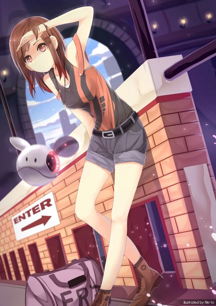 Anime picture 800x1131 with original riki-to single tall image looking at viewer blush short hair open mouth brown hair bare shoulders brown eyes sky cloud (clouds) sunlight inscription :o against wall brick wall girl shoes