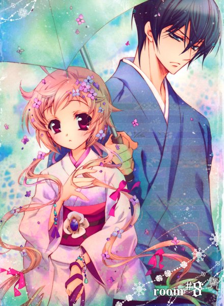 Anime picture 1174x1600 with stray love hearts hiyoki kozue cain kumoide tall image short hair blue eyes blonde hair purple eyes blue hair japanese clothes hair flower girl boy hair ornament flower (flowers) bow hair bow bracelet kimono umbrella