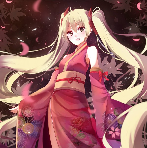 Anime picture 1653x1666 with vocaloid hatsune miku shiguru single tall image looking at viewer blush fringe open mouth standing twintails bare shoulders ahoge long sleeves very long hair traditional clothes japanese clothes aqua eyes aqua hair wide sleeves