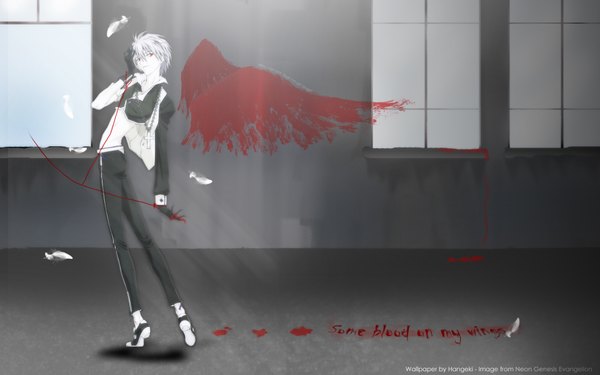 Anime picture 1920x1200 with neon genesis evangelion gainax nagisa kaworu single looking at viewer highres short hair red eyes wide image signed white hair indoors light smile inscription bare belly turning head hand on face blood stains boy gloves