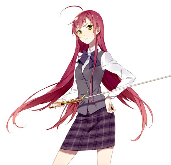 Anime picture 800x772 with hataraku maou-sama! white fox yusa emi psd (pixiv) single long hair looking at viewer fringe simple background standing white background holding green eyes ahoge red hair braid (braids) hand on hip floating hair plaid skirt side braid