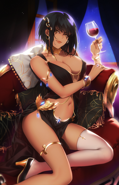 Anime picture 1280x1989 with original eventh7 single tall image looking at viewer short hair breasts light erotic black hair large breasts sitting yellow eyes nail polish high heels dark skin girl thighhighs navel earrings bracelet