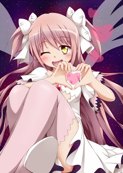 Anime picture 1253x1770 with mahou shoujo madoka magica shaft (studio) kaname madoka goddess madoka yopparai oni single long hair tall image looking at viewer blush open mouth smile yellow eyes pink hair one eye closed wink two side up crossed legs heart hands girl