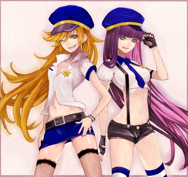 Anime picture 2944x2764 with panty & stocking with garterbelt anarchy stocking anarchy panty settyaro long hair highres blonde hair multiple girls green eyes purple hair one eye closed multicolored hair wink two-tone hair border colored inner hair outside border girl thighhighs skirt