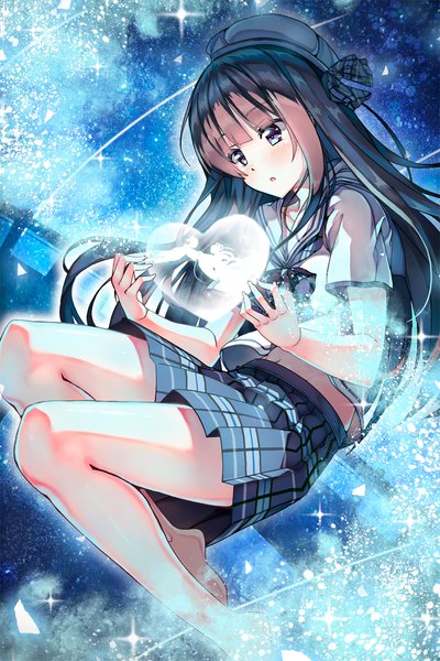 Anime picture 1300x1950 with ipass (yi ka tong) xiao pa 90i single long hair tall image blush fringe blue eyes black hair looking away bent knee (knees) parted lips pleated skirt barefoot :o sparkle plaid skirt weightlessness abstract