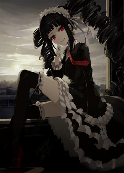 Anime picture 753x1050 with dangan ronpa celestia ludenberg rin yuu single tall image looking at viewer black hair smile red eyes twintails very long hair drill hair lolita fashion goth-loli girl thighhighs dress black thighhighs necktie frills