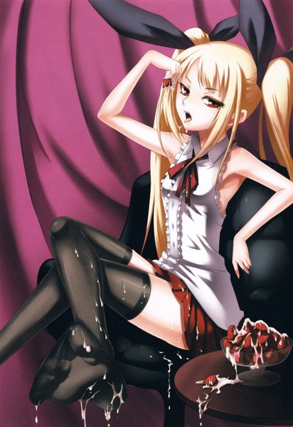 Anime picture 2148x3124 with blazblue rachel alucard long hair tall image highres blonde hair red eyes sitting twintails absurdres loli saliva pov feet girl thighhighs skirt black thighhighs miniskirt food tongue