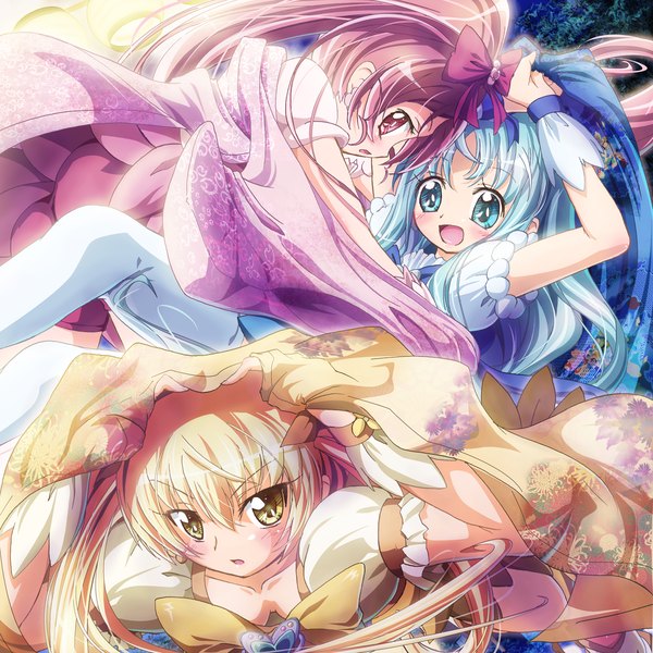 Anime picture 1414x1414 with precure heartcatch precure! toei animation kurumi erika myoudouin itsuki hanasaki tsubomi cure blossom inoshishi (ikatomo) long hair blush open mouth blue eyes blonde hair multiple girls yellow eyes blue hair pink hair pink eyes girl bow