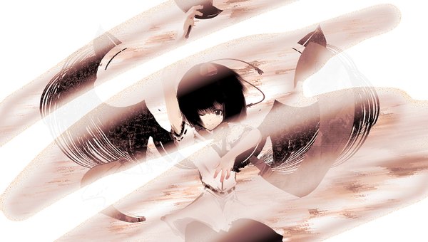 Anime picture 1446x821 with touhou shameimaru aya yoshioka yoshiko single short hair black hair wide image arm up black eyes girl wings