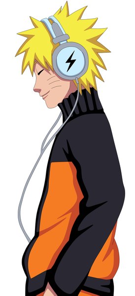 Anime picture 1023x2239 with naruto studio pierrot naruto (series) uzumaki naruto kraddy07 tall image short hair blonde hair simple background smile white background eyes closed profile facial mark hand in pocket whisker markings jinchuriki boy headphones sweater